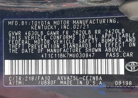 2021 Toyota Camry Le Awd z USA, uszkodzony, nr VIN 4T1C11BK7MU030847